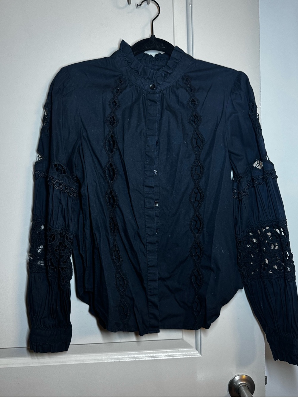 Anthropologie Black Lace-Inset Button Down Blouse